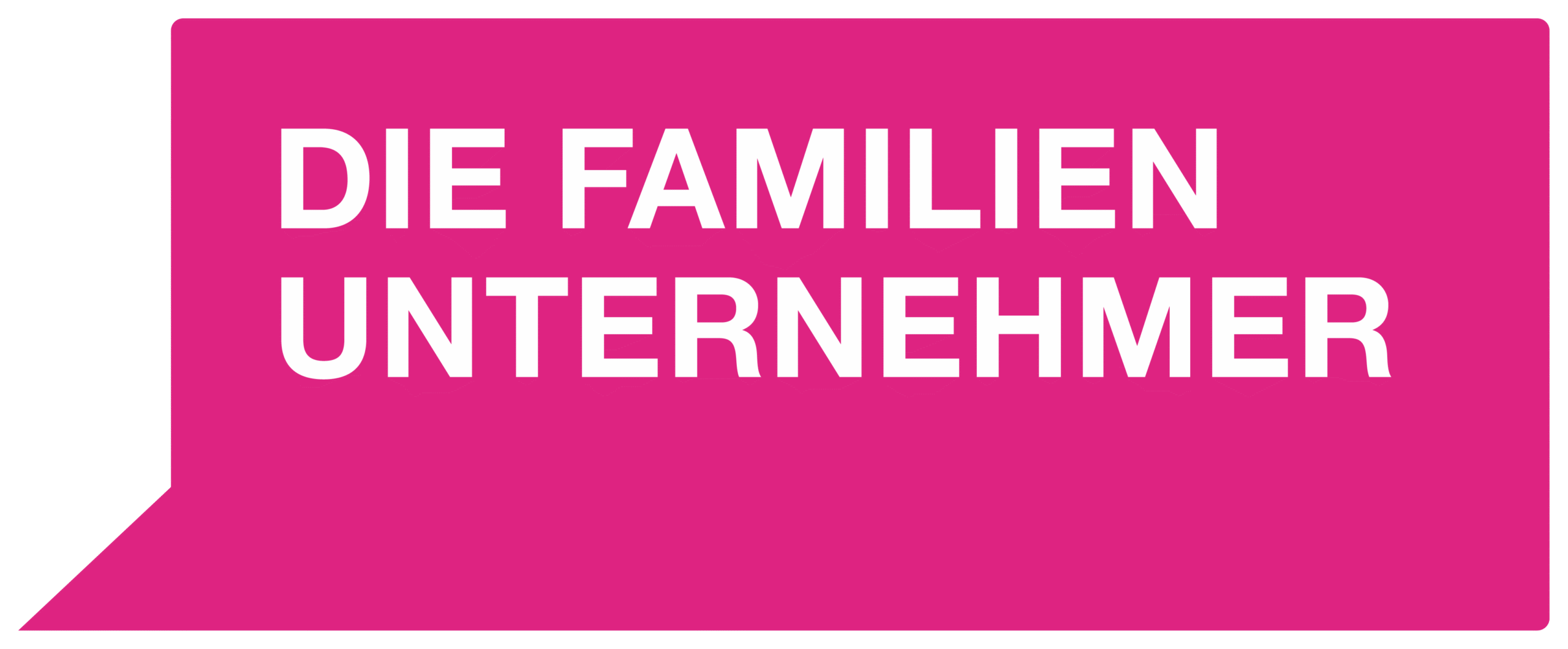 Logo mit pinker Sprechblase und weißem Text "DIE FAMILIENUNTERNEHMER", modern und dynamisch.