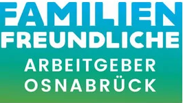 Grafisches Design mit dem Text "FAMILIENFREUNDLICHE ARBEITGEBER OSNABRÜCK" auf blau-grünem Hintergrund.