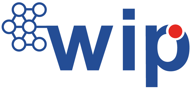 Logo mit blauem "wip"-Schriftzug, rotem Punkt und Molekül-ähnlichem Symbol, modern und professionell.