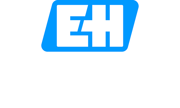 Logo mit weißen "EH"-Buchstaben auf blauem Hintergrund, in moderner, kantiger Schrift gestaltet.