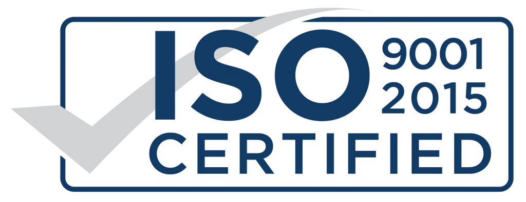 Logo mit "ISO 9001 2015 CERTIFIED" und grauem Häkchen, das Qualitätszertifizierung symbolisiert.